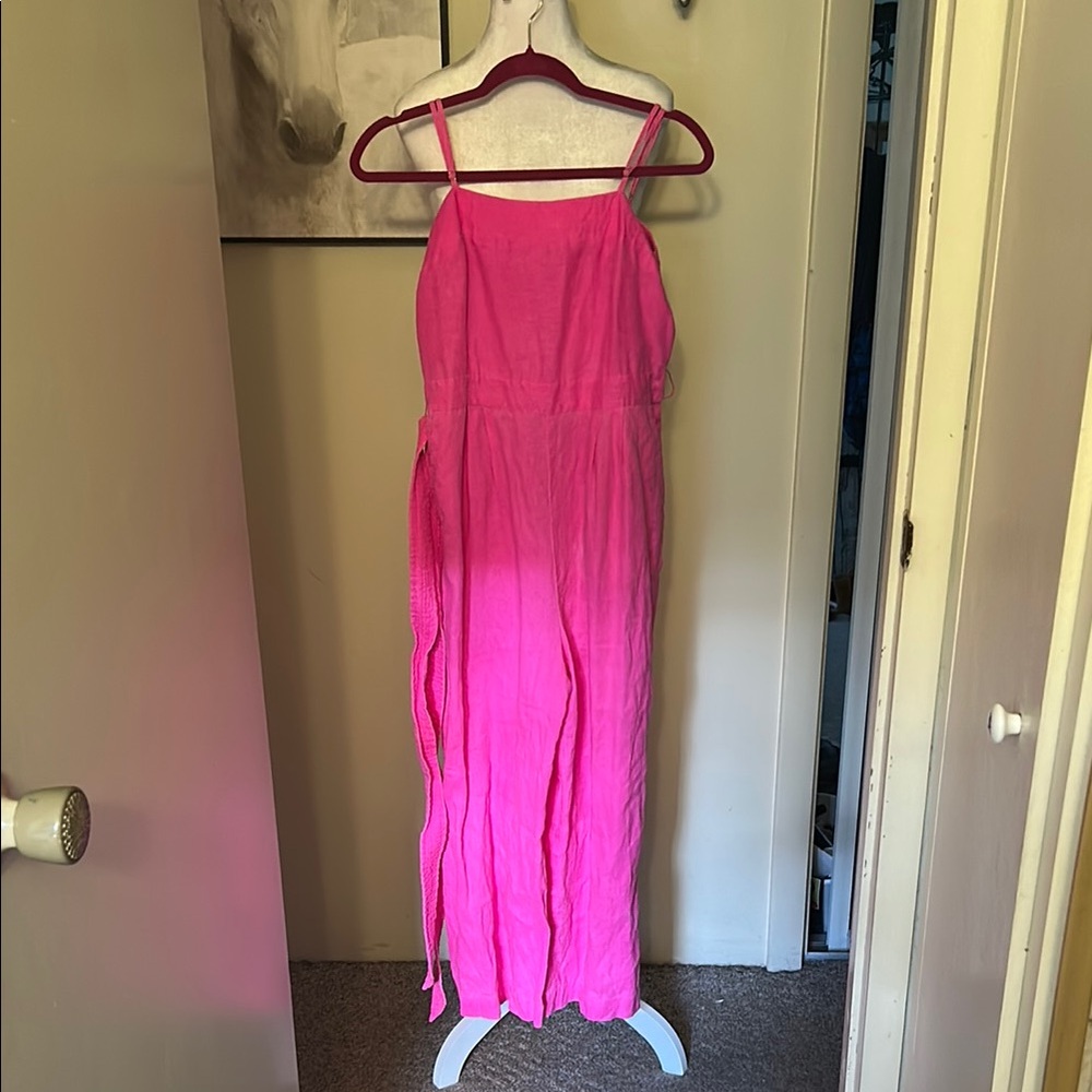 J. Crew Hot Pink Comfy Wide leg Jumpsuit with waist tie, front and back pockets!